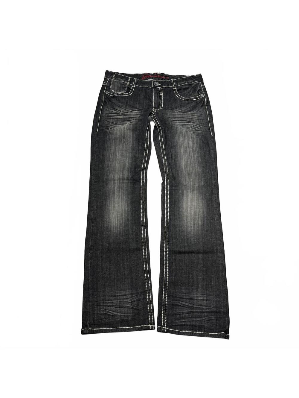 Y2K Bauhaus Sz 32 Washed Black Bootcut Jeans White Bold Stitching Grunge Punk